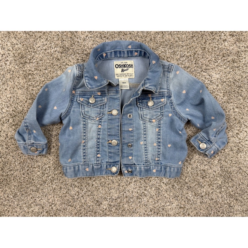 OshKosh B'gosh Denim Jacket Kids 18M Light Blue Excellent Heart Print Snap Front